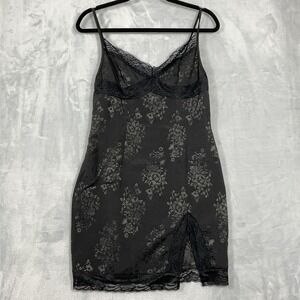 Y2K Babydoll Coquette Lace Trim Slip Mini Dress L Fairycore Black Foral Embossed